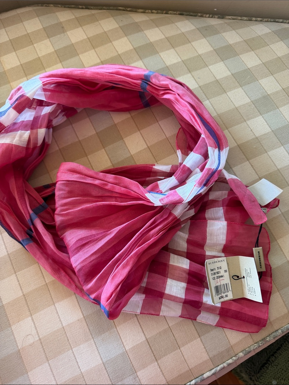 Burberry Pink White and Blue Check Lightweight Scarf